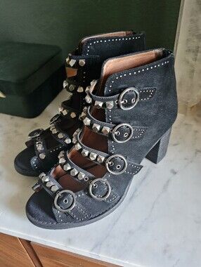 Jeffrey Campbell Black Studded Suede Strappy Block Heels 8.5
